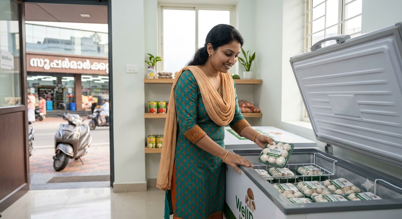 Kerala homemaker selecting WellRoot mushrooms at a local store