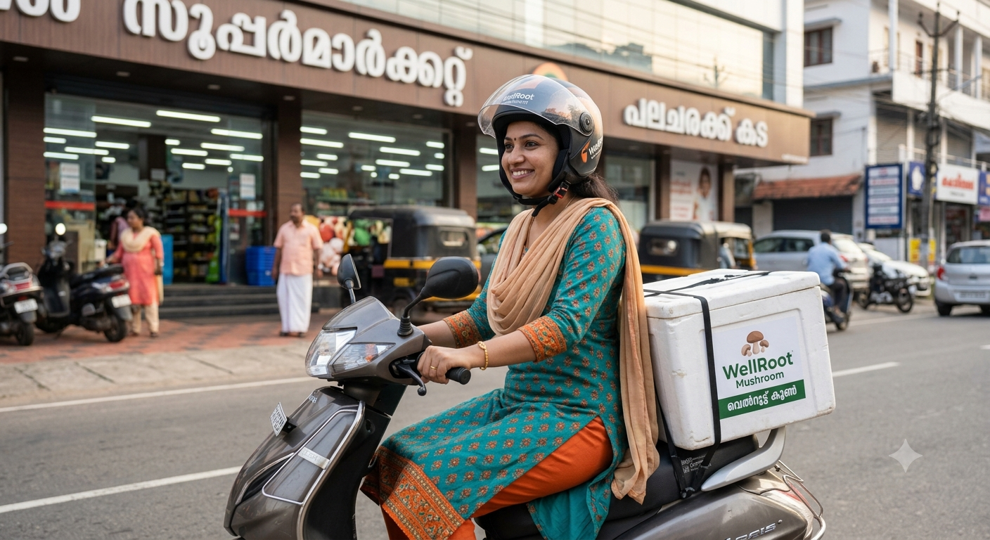 Small entrepreneur running a WellRoot mushroom distribution business