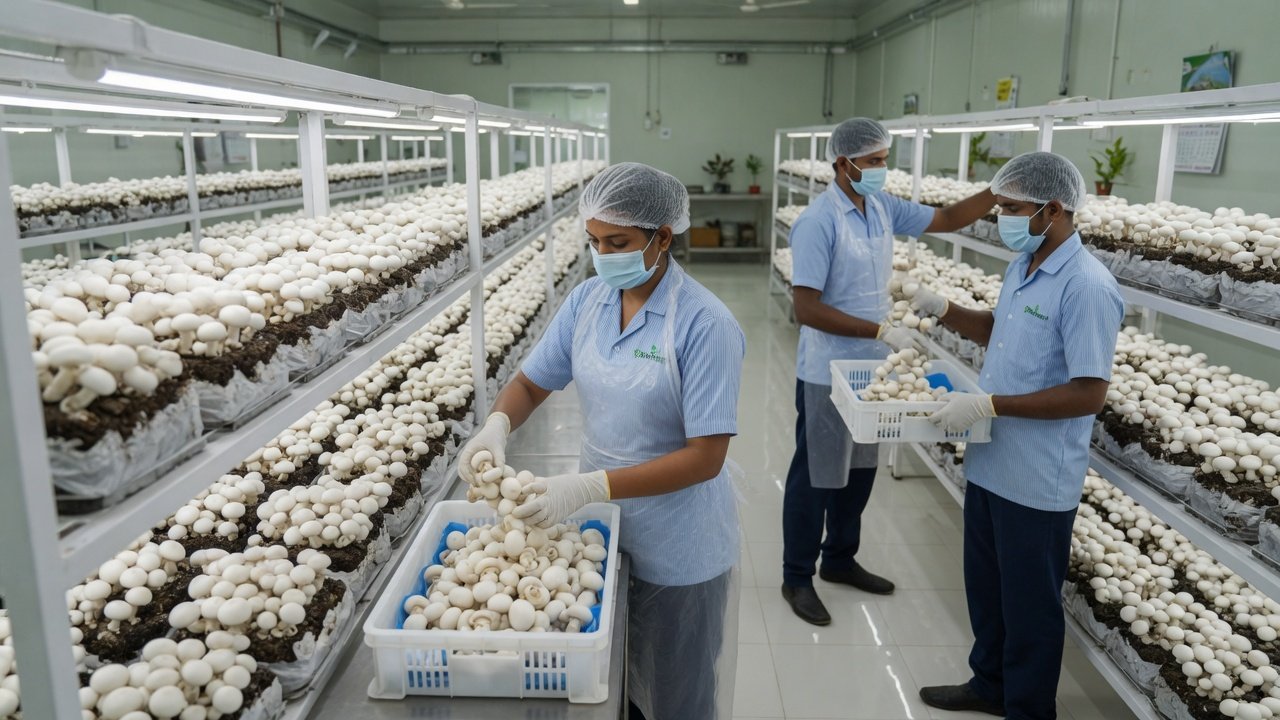 WellRoot staff in PPE harvesting button mushrooms in a modern farm facility
