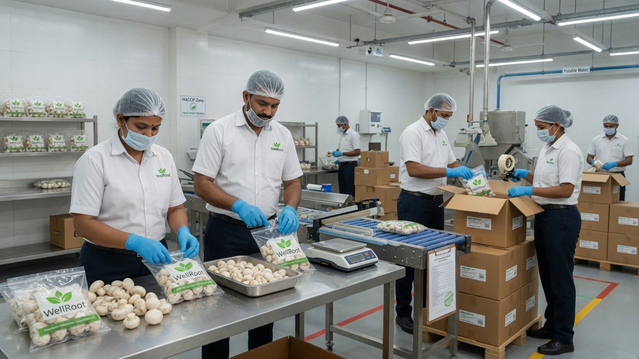 WellRoot staff packing mushrooms into pouches and boxes on a production line