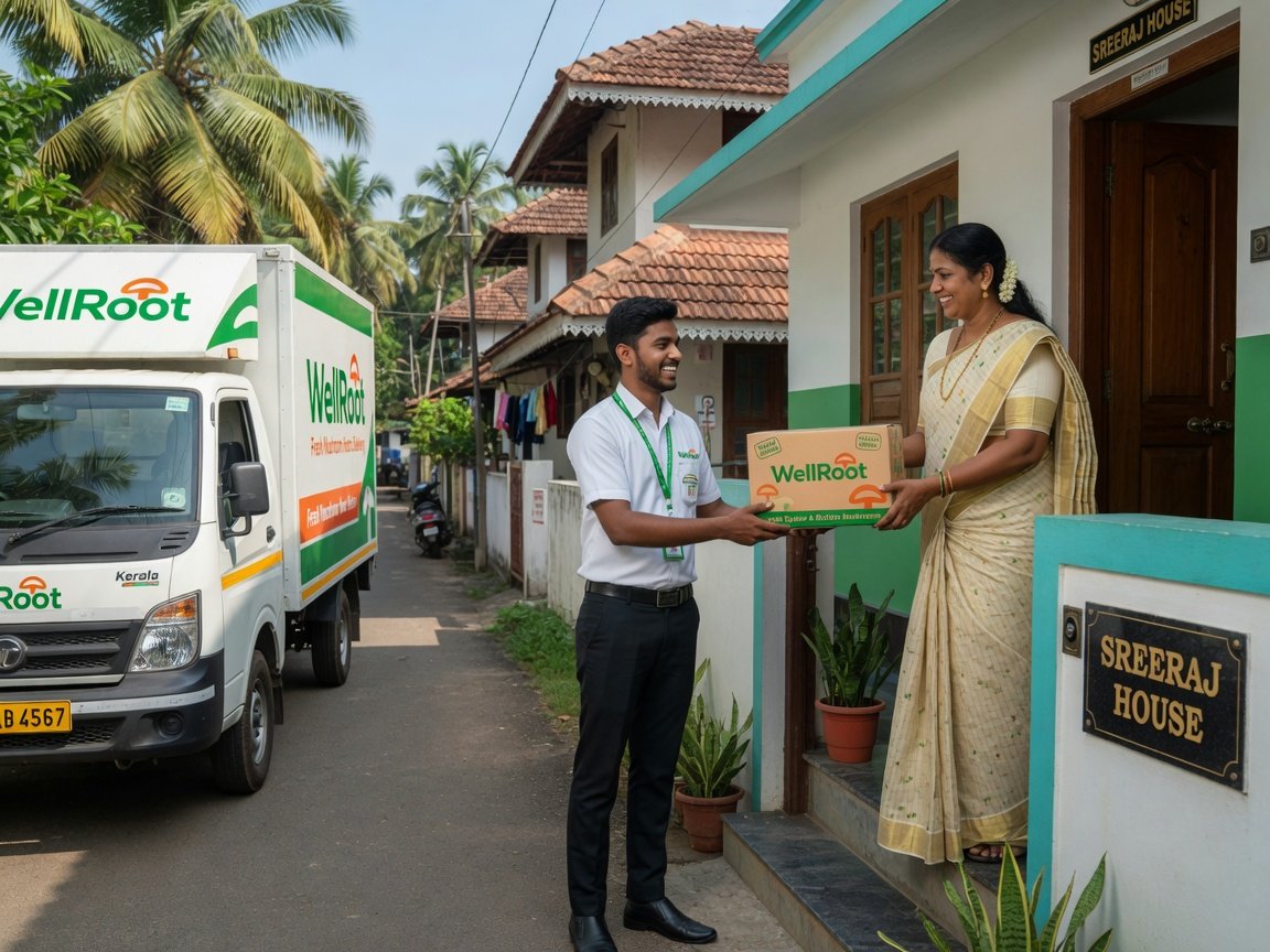 WellRoot delivery truck handing a product box to a customer at a Kerala home